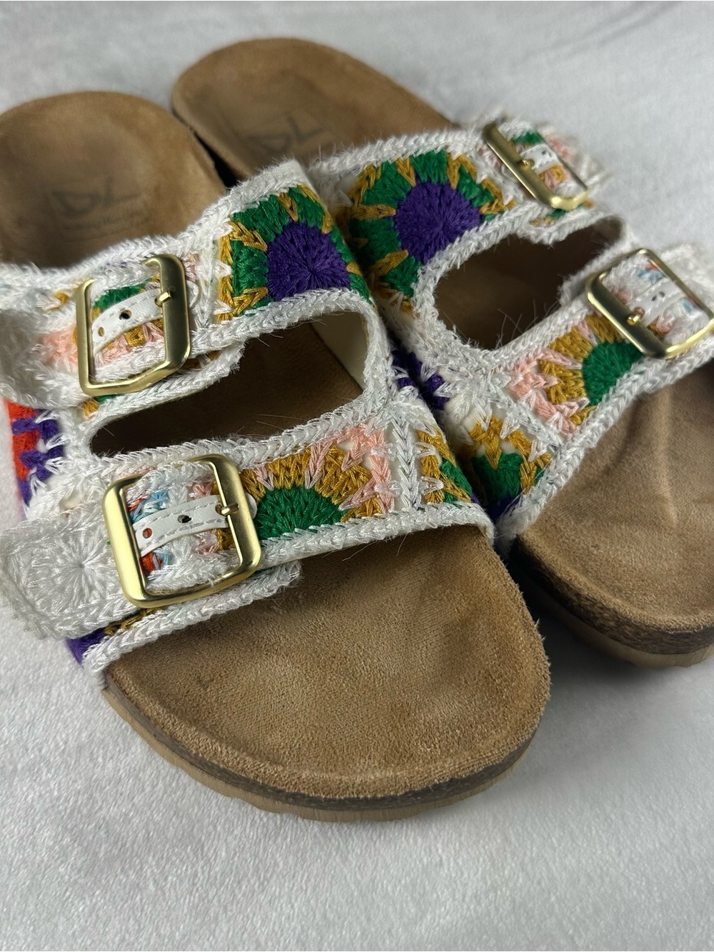 Dirty Laundry White Crochet Double-Strap Sandals with Multicolor Embroidery